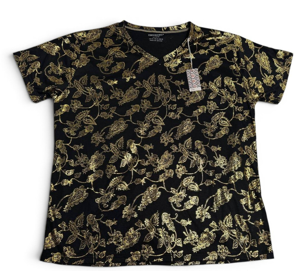 Consequence Knitwear Shirt Mens XL Black Gold Floral Short Sleeve